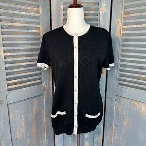 CHANEL BOUTIQUE Vintage Short Sleeve Cardigan Black Ivory Sz FR 44/US 10-12